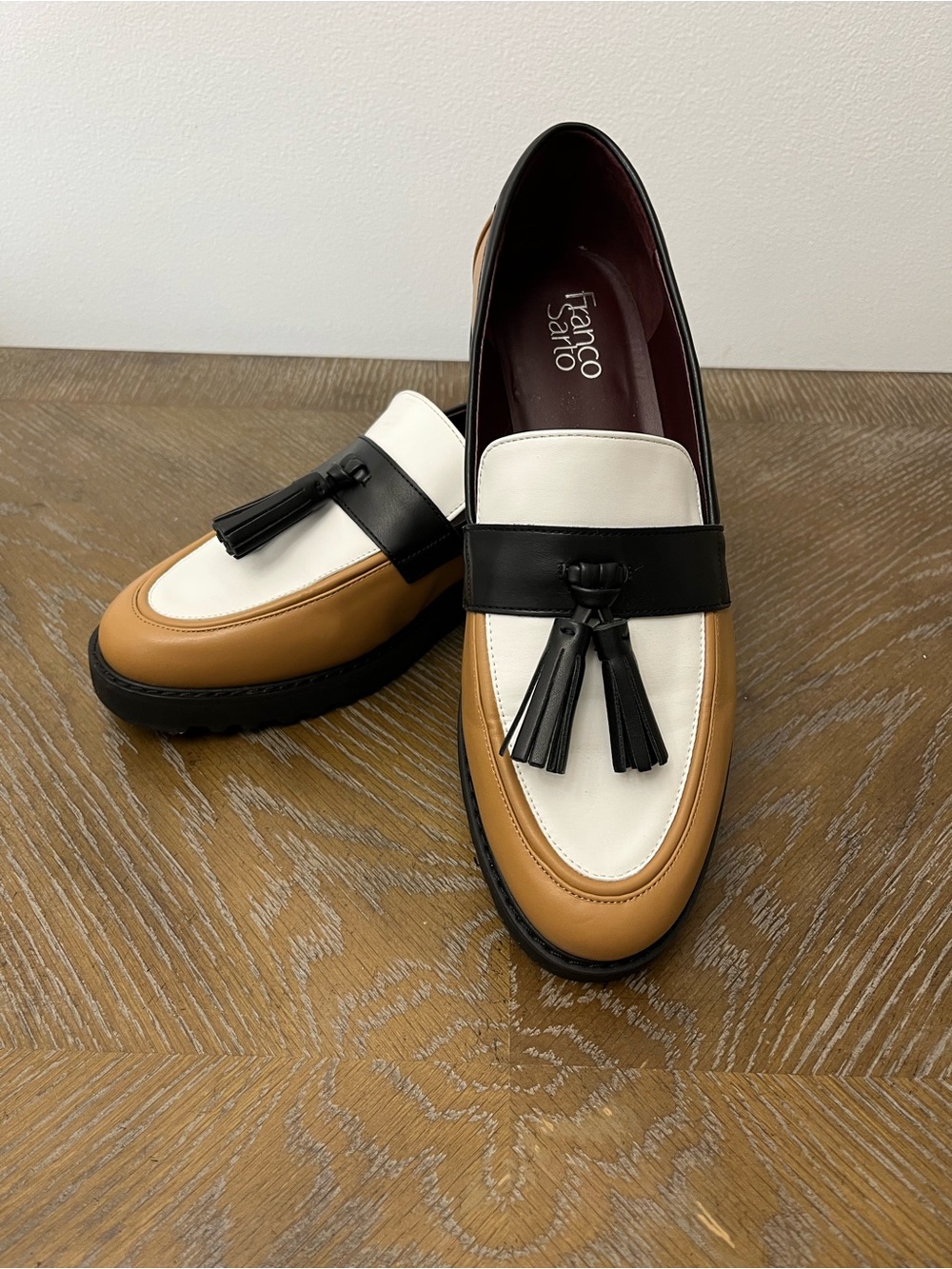 Franco Sarto Colorblock Tassel Loafers in White, Tan & Black Women’s 11
